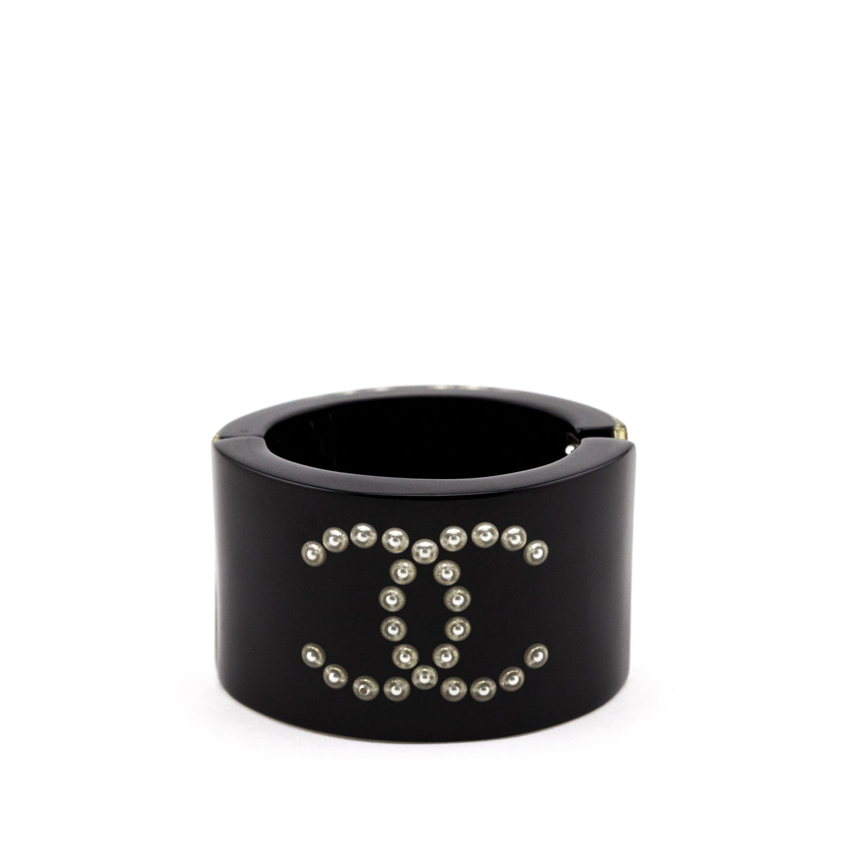 Chanel Black Acrylic and Imitation Pearl Gold Metal CC Cuff Bracelet