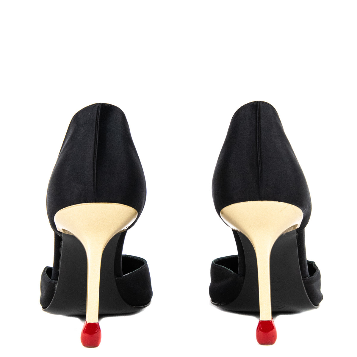 CHANEL VINTAGE BLACK RED SATIN MATCHSTICK HEEL PUMPS HEELS IT 38.5