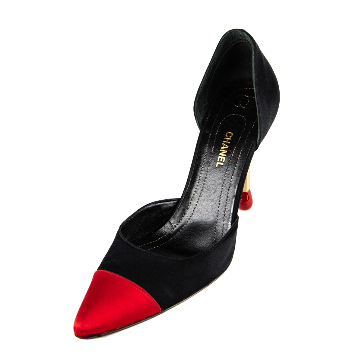 CHANEL VINTAGE BLACK RED SATIN MATCHSTICK HEEL PUMPS HEELS IT 38.5