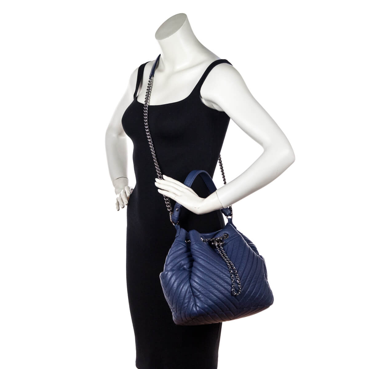 Chanel Blue Quilted Deerskin Chevron Medium Chain Bucket Bag