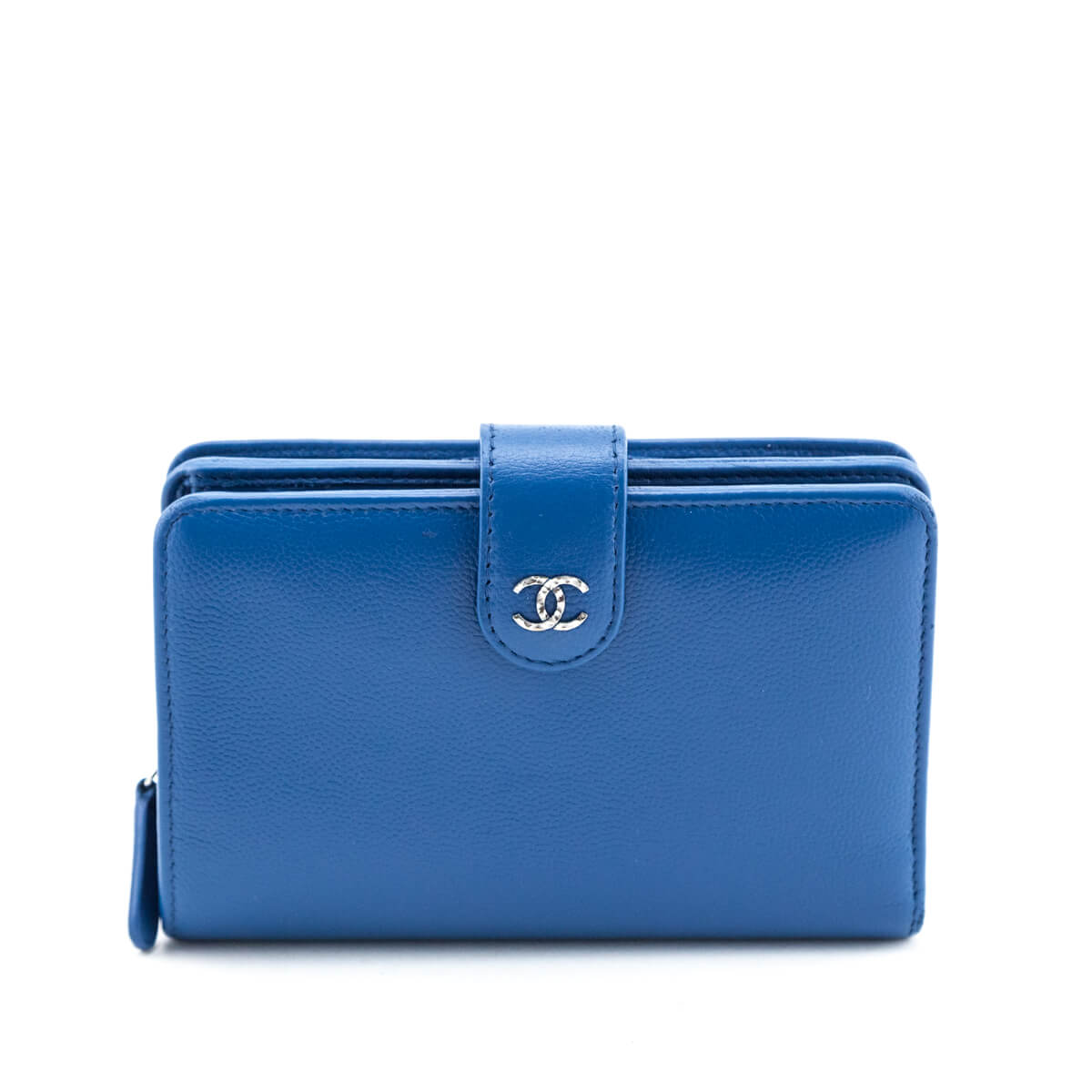 Chanel Dark Royal Blue Caviar Leather CC Logo L-Gusset Zip Wallet Long 1028c8