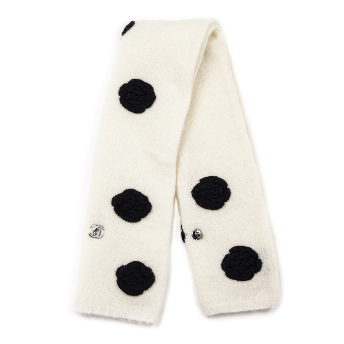 Chanel Ivory & Black Mohair Camellia Scarf - Chanel Accessory