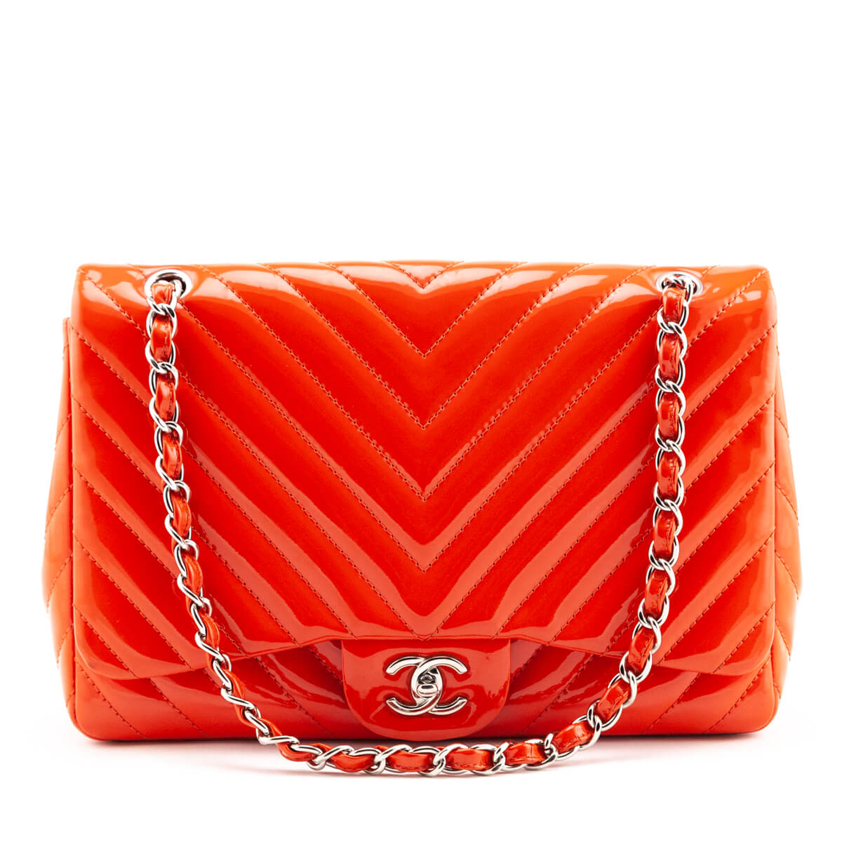Chanel Orange Quilted Chevron Patent Maxi Classic Single Flap Shoulder Bag - Love that Bag etc - Preowned Authentic Designer Handbags & Preloved Fashions