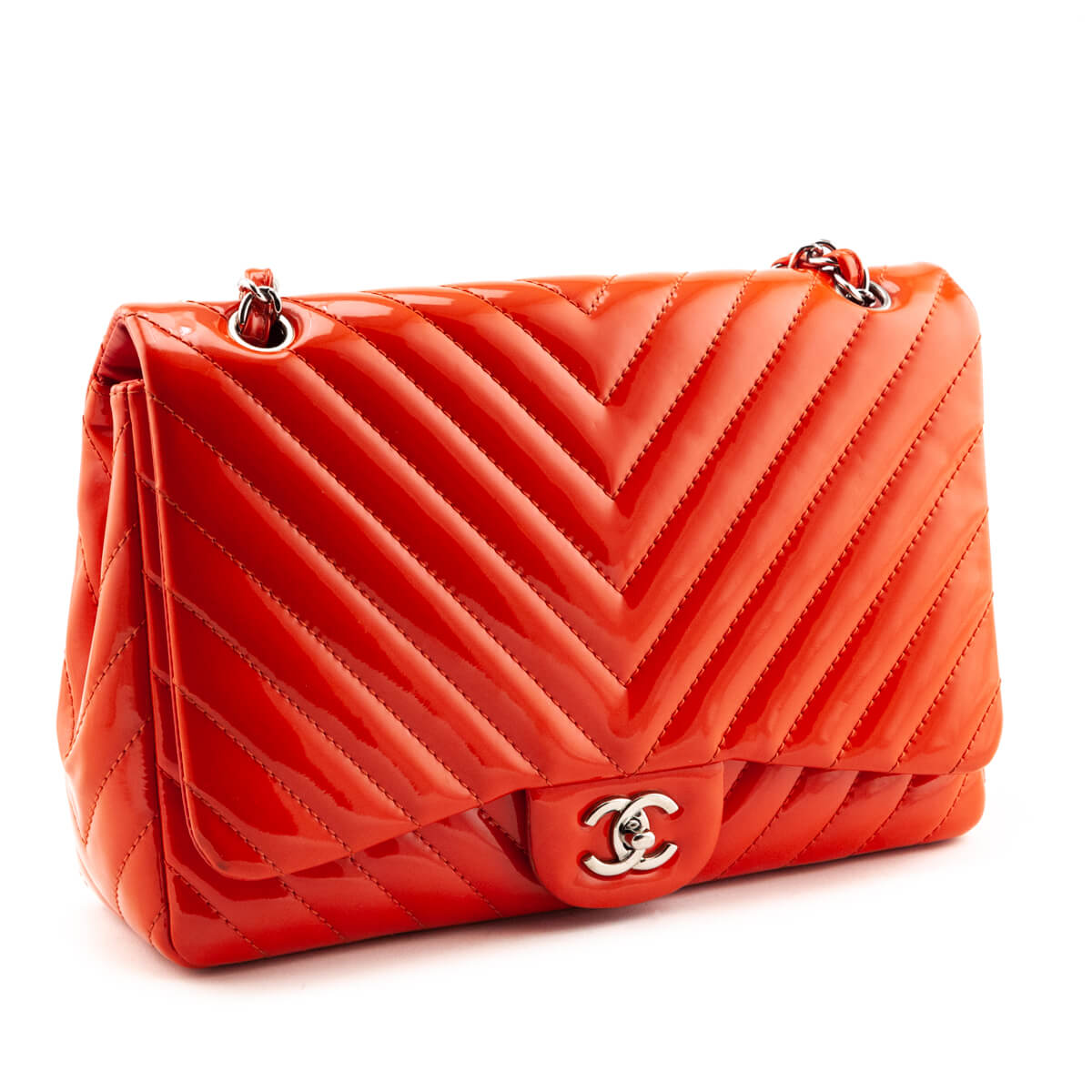 Chanel Orange Quilted Chevron Patent Maxi Classic Single Flap