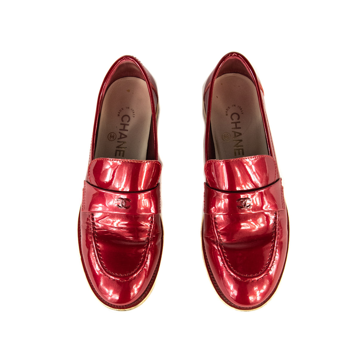NEW CHANEL CC Chain Red Loafers Sz 38 🔥SOLD OUT EVERYWHERE🔥 AUTHENTIC😍❤️