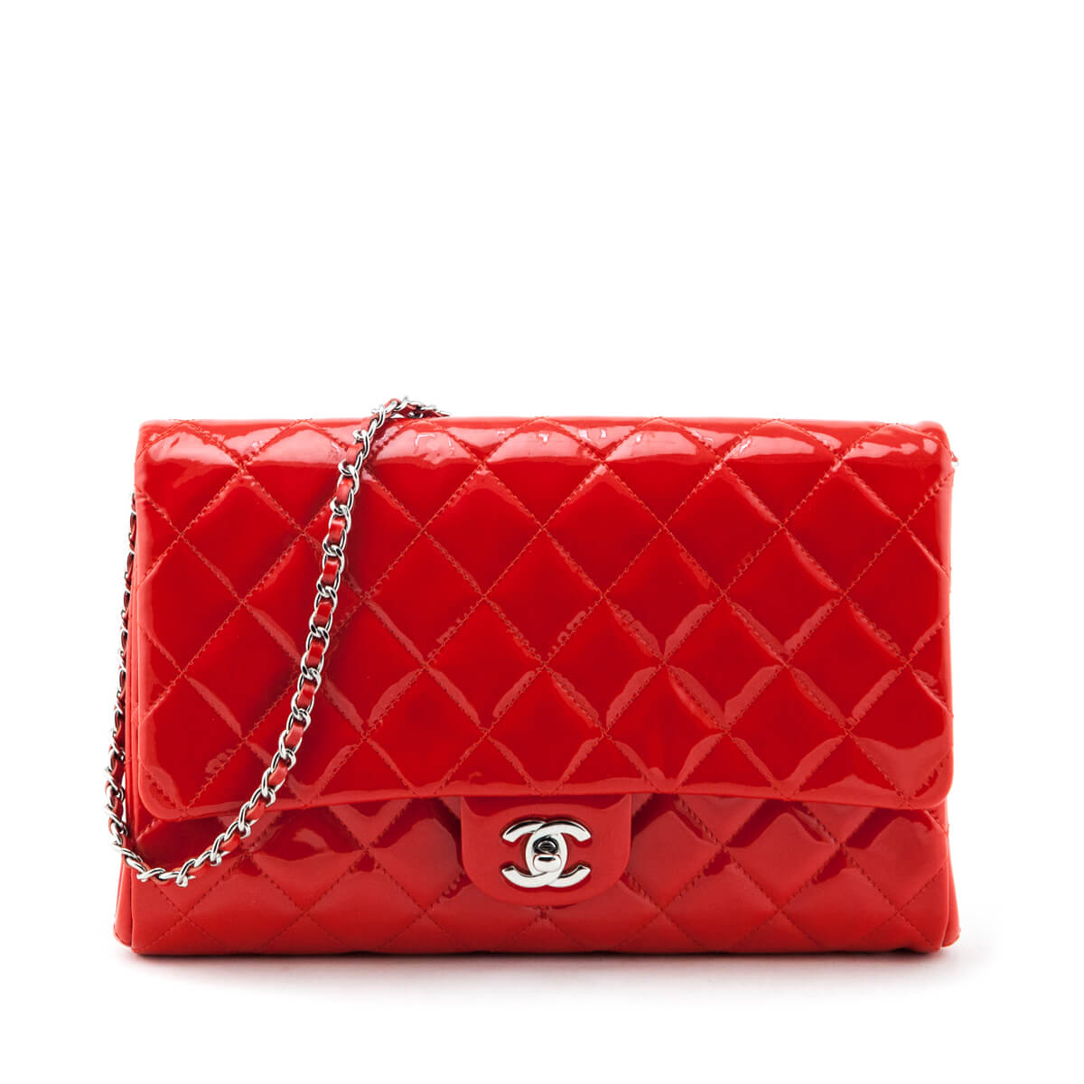 Chanel Red Quilted Patent Leather Chain New Clutch Flap Bag