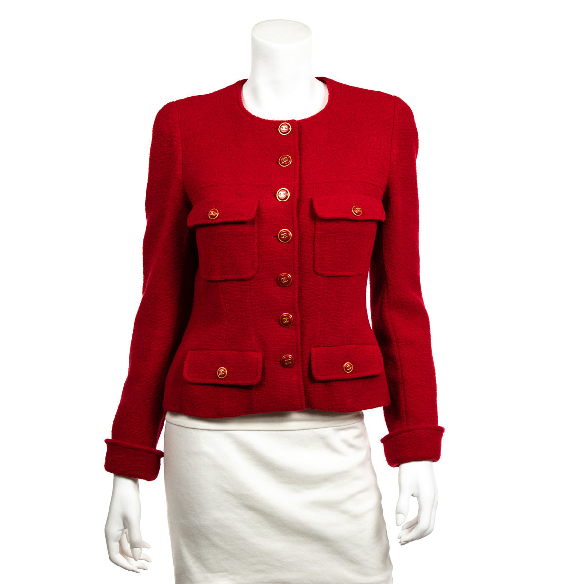 c1978-1985 Chanel Red Boucle Cropped Jacket & Skirt Suit