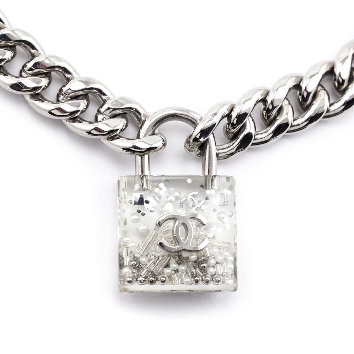 Chanel Silver Metal, Clear Resin, Imitation Pearl Oversized CC Padlock  Chain Necklace, 2014 Available For Immediate Sale At Sotheby's