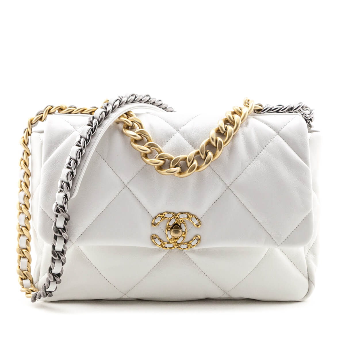 Chanel White Lambskin Quilted Tote Bag with Embossed Snakeskin “CC” Logo
