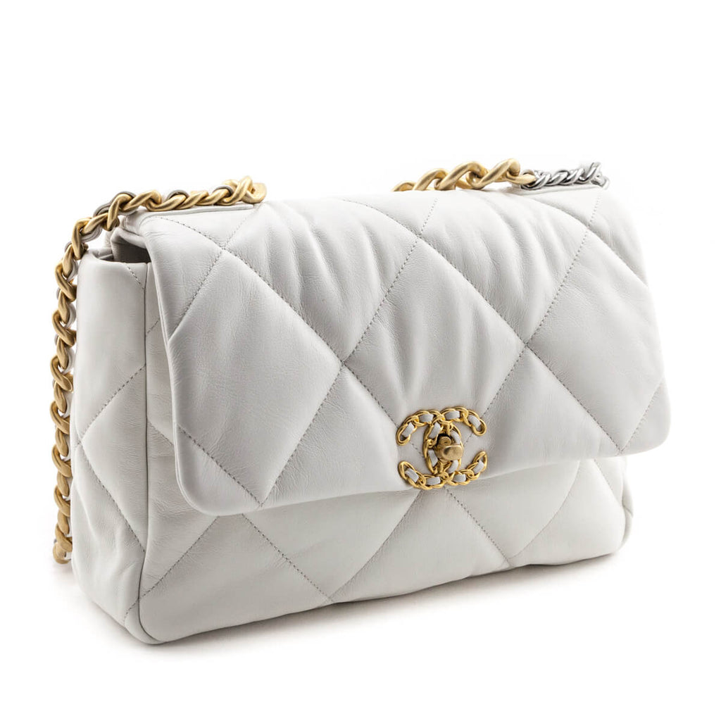Chanel Iridescent White Quilted Chèvre Large 19 Flap Bag Gold