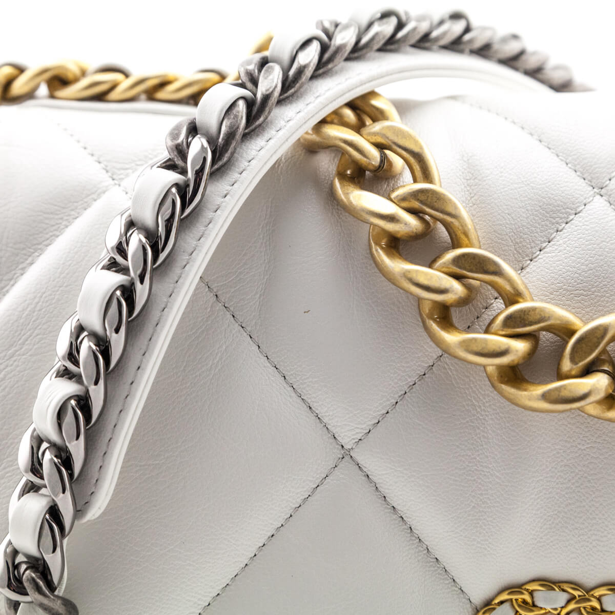 Chanel Iridescent White Quilted Chèvre Large 19 Flap Bag Gold