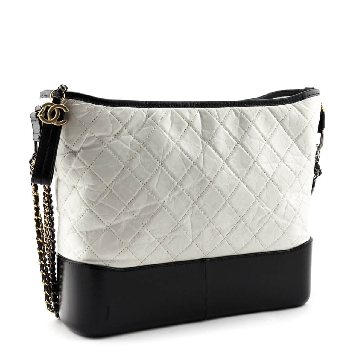 Chanel White & Black Aged Calfskin Quilted Large Gabrielle Hobo