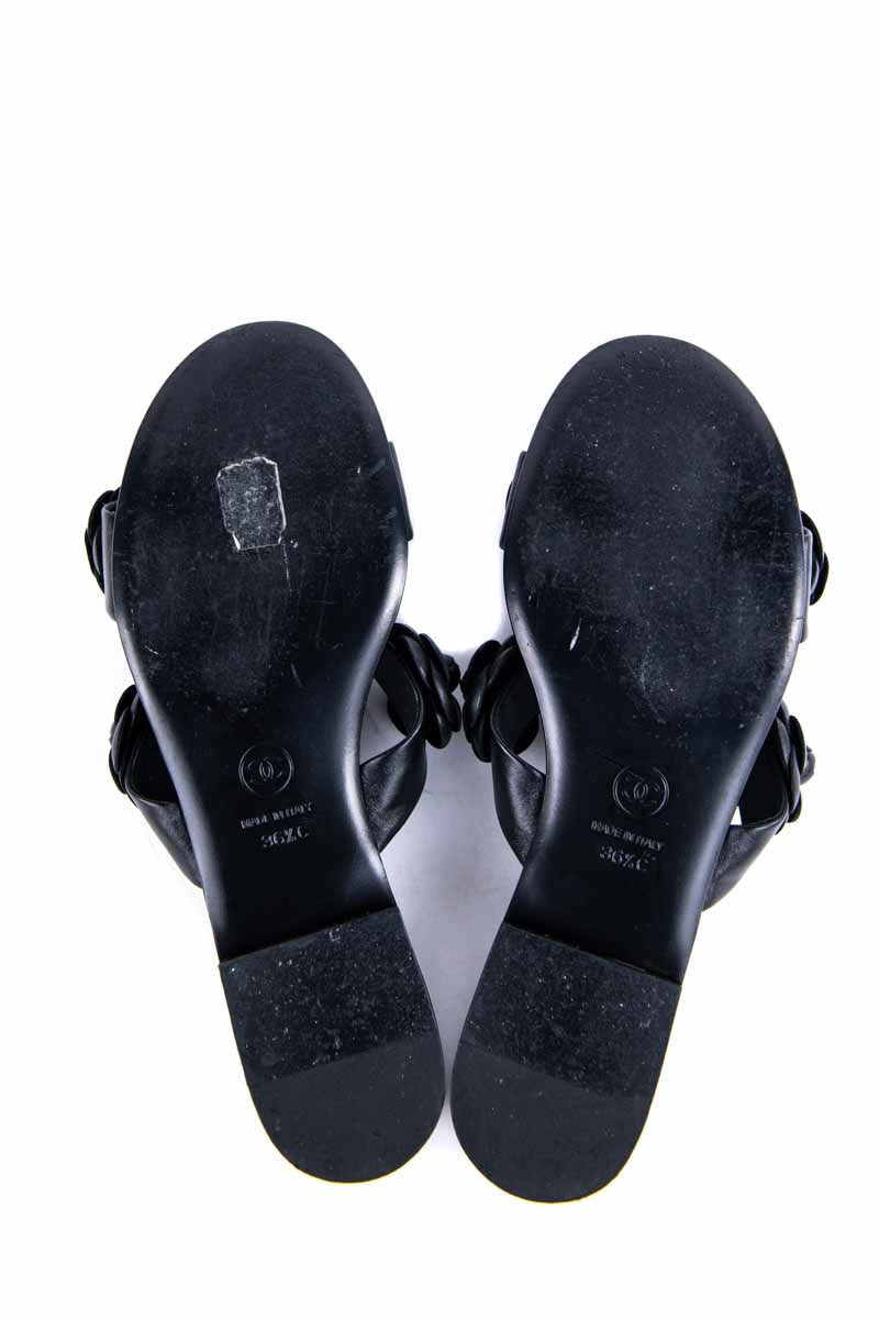 Chanel Black Quilted Leather CC Camelia Slide Sandals - Buy