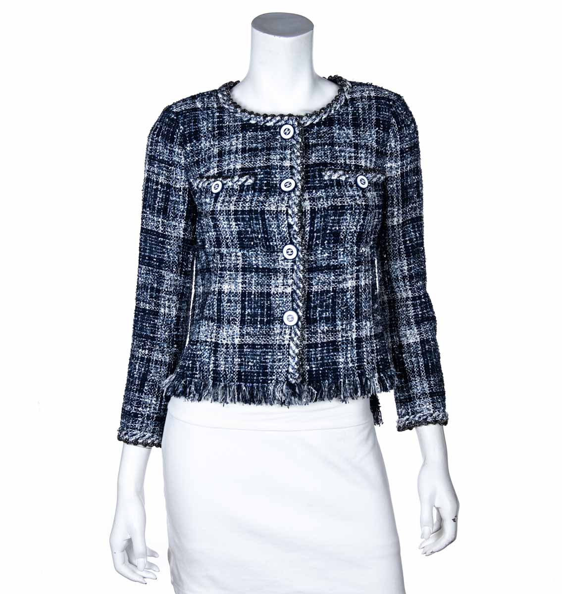 Chanel Blue Tweed Collarless Jacket - Shop Preowned Chanel Online