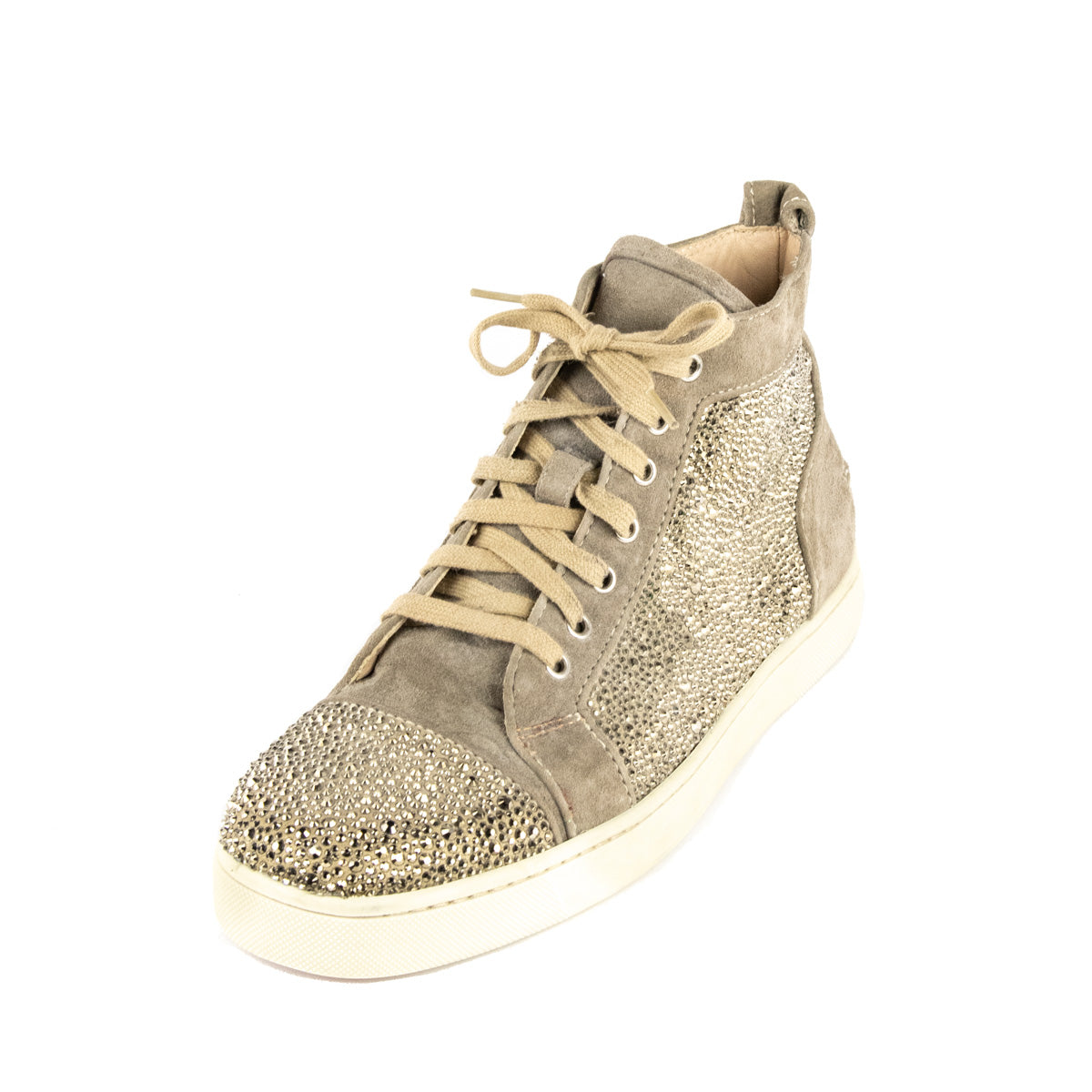Christian Louboutin Taupe Suede Louis Crystal Embellished High Top Sneakers Size US 12 | EU 42 - Love that Bag etc - Preowned Authentic Designer Handbags & Preloved Fashions