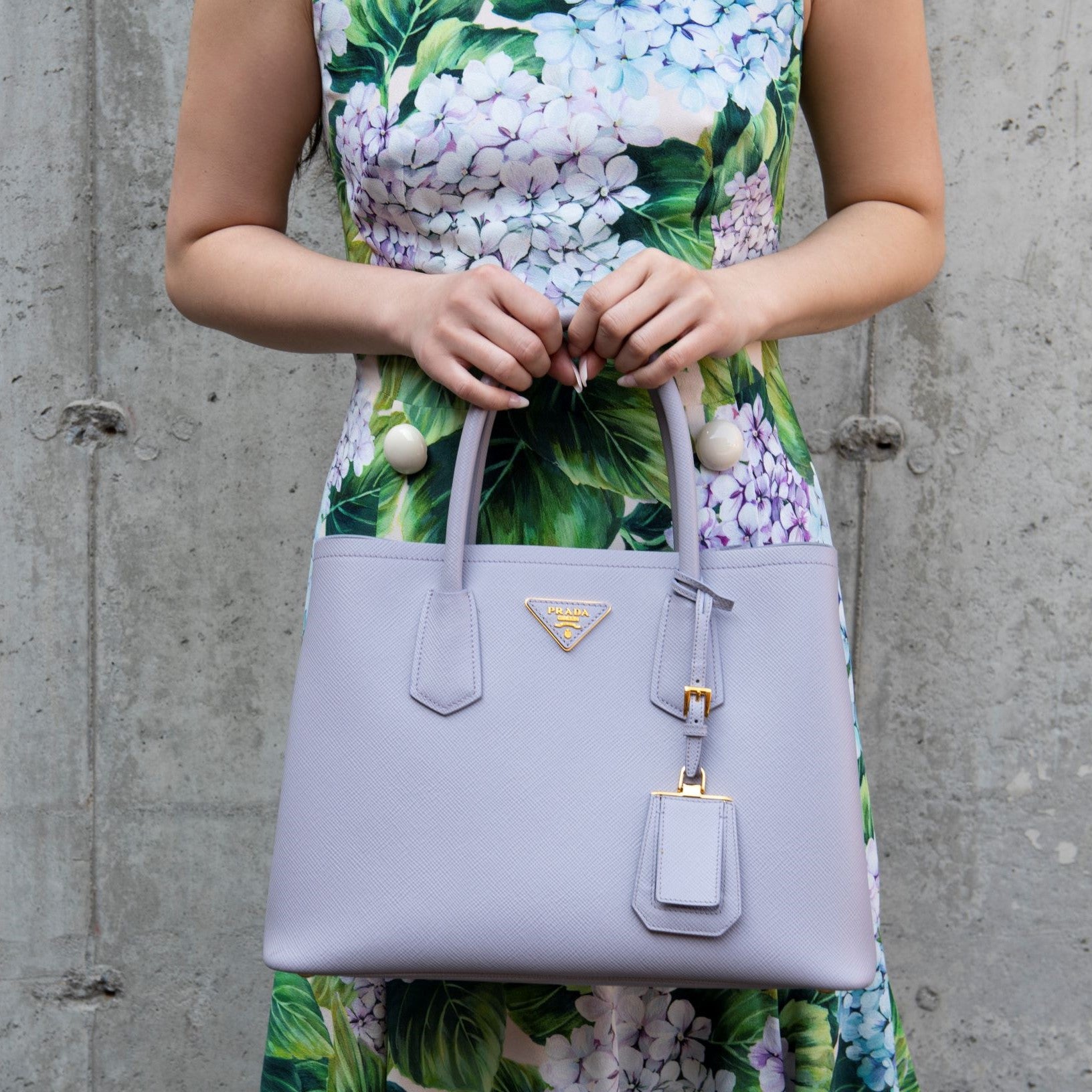 PRADA Saffiano Lux Medium Vernice Promenade Top Handle Bag Lilac