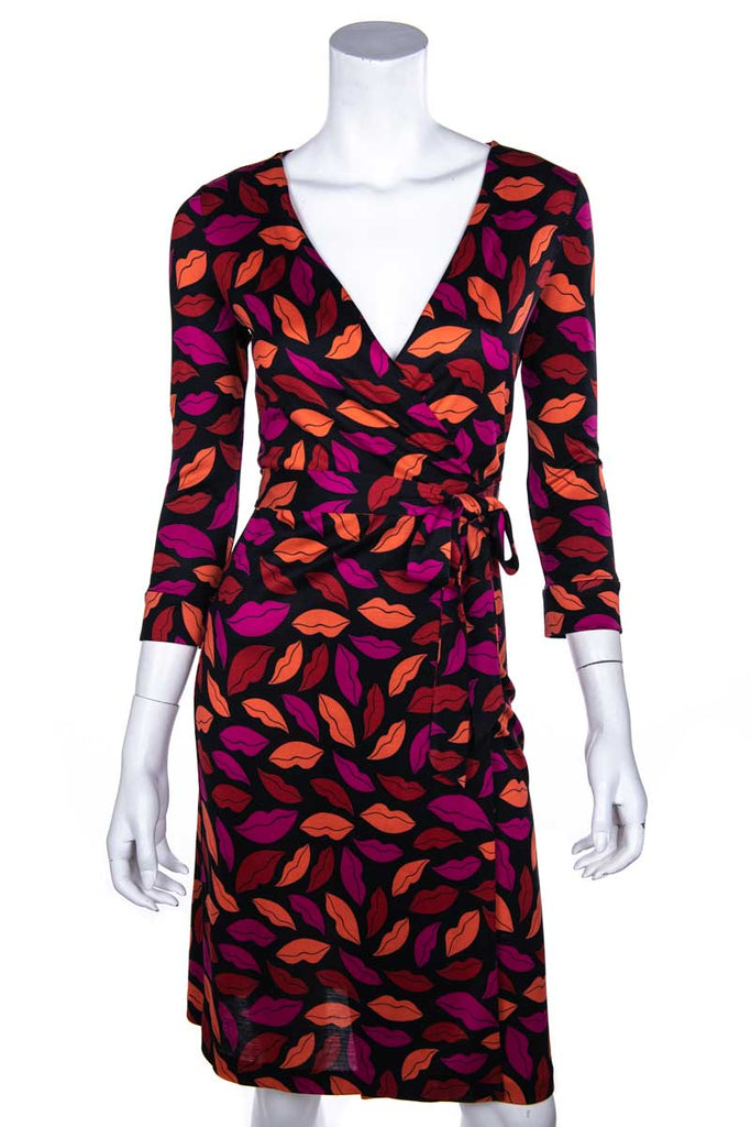 DVF Black & Red Lips Print Silk Jersey New Julian Two Wrap Dress