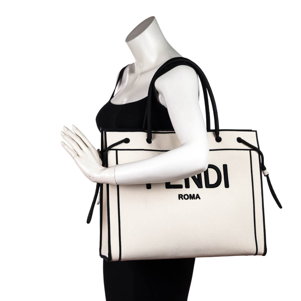 FENDI Canvas Vitello Grace Logo Flat Shopping Tote Grezzo Black