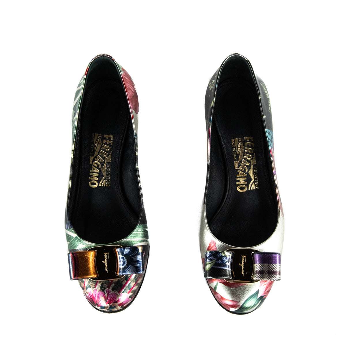 Ferragamo Metallic Multicolor Floral Vara Bow Pumps Ferragamo