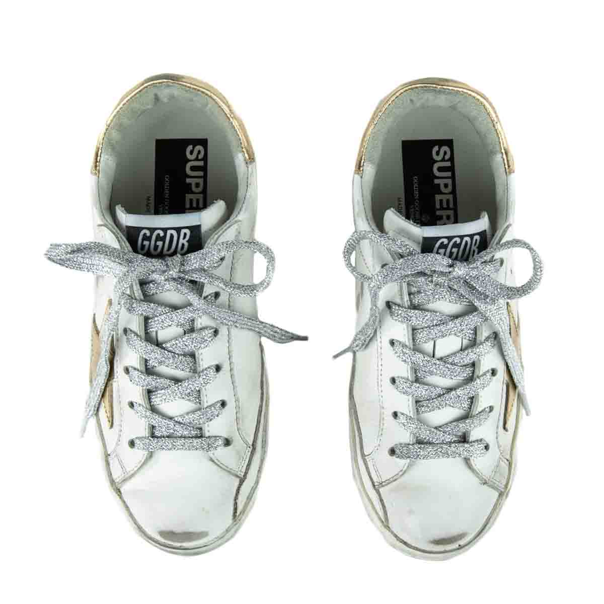 Golden Goose Distressed White Leather Superstar Low Top Sneakers Size 4 | EU 34 - Love that Bag etc - Preowned Authentic Designer Handbags & Preloved Fashions
