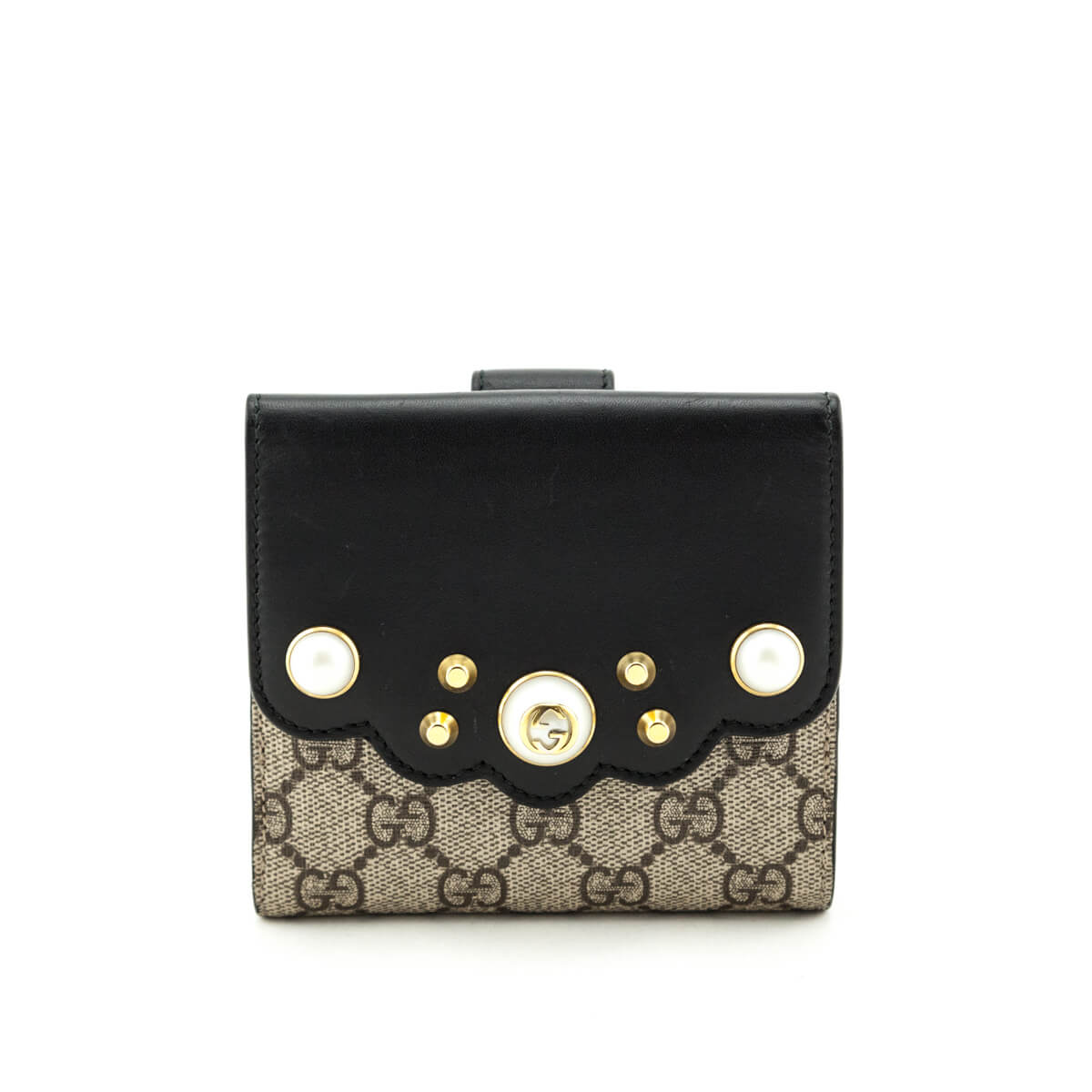 Gucci Beige GG Supreme Monogram Pearl Studded Compact Wallet - Love that Bag etc - Preowned Authentic Designer Handbags & Preloved Fashions