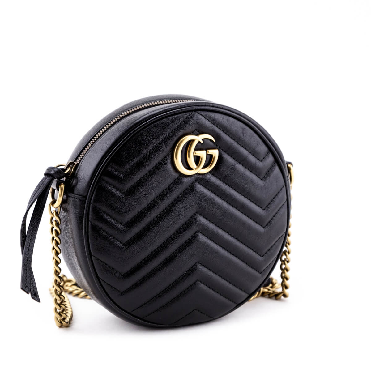 Gucci GG Marmont Round Shoulder Bag Mini Black in Matelasse Leather with  Antique Gold-tone - GB