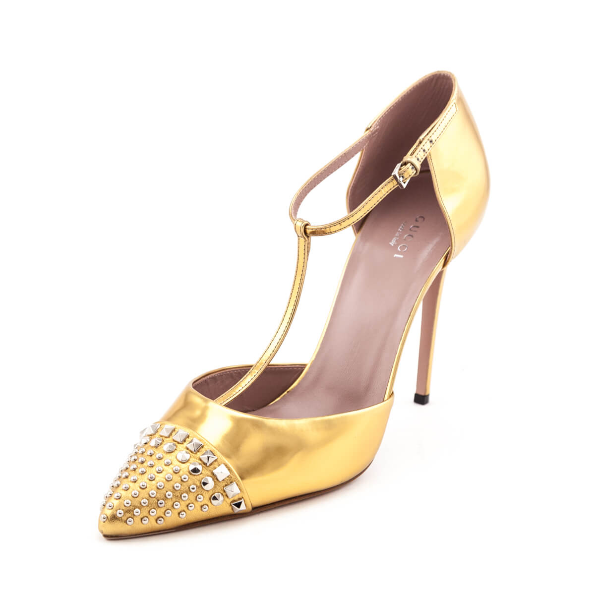 Gucci Gold Studded T-Bar Pumps Size US 11.5 | EU 41.5 - Love that Bag etc - Preowned Authentic Designer Handbags & Preloved Fashions