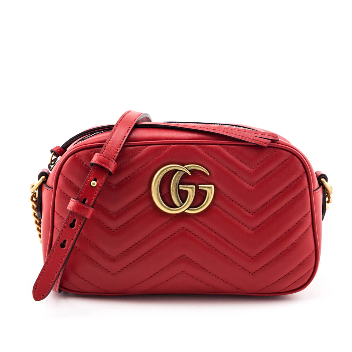 Gucci Hibiscus Red Calfskin Matelasse Small GG Marmont Chain Crossbody - Love that Bag etc - Preowned Authentic Designer Handbags & Preloved Fashions