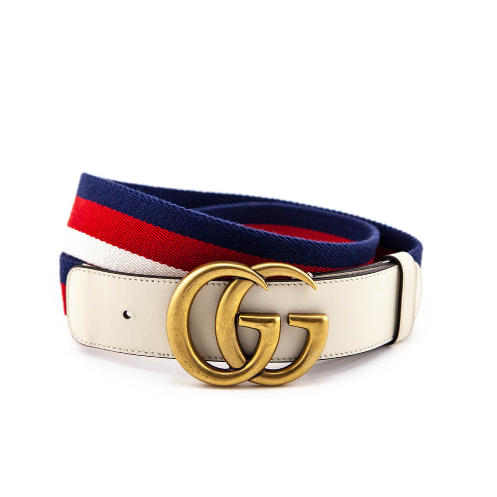 Gucci Sylvie Web Belt Double G Buckle Red/White/Blue/Black in Leather with  Antique Brass - US