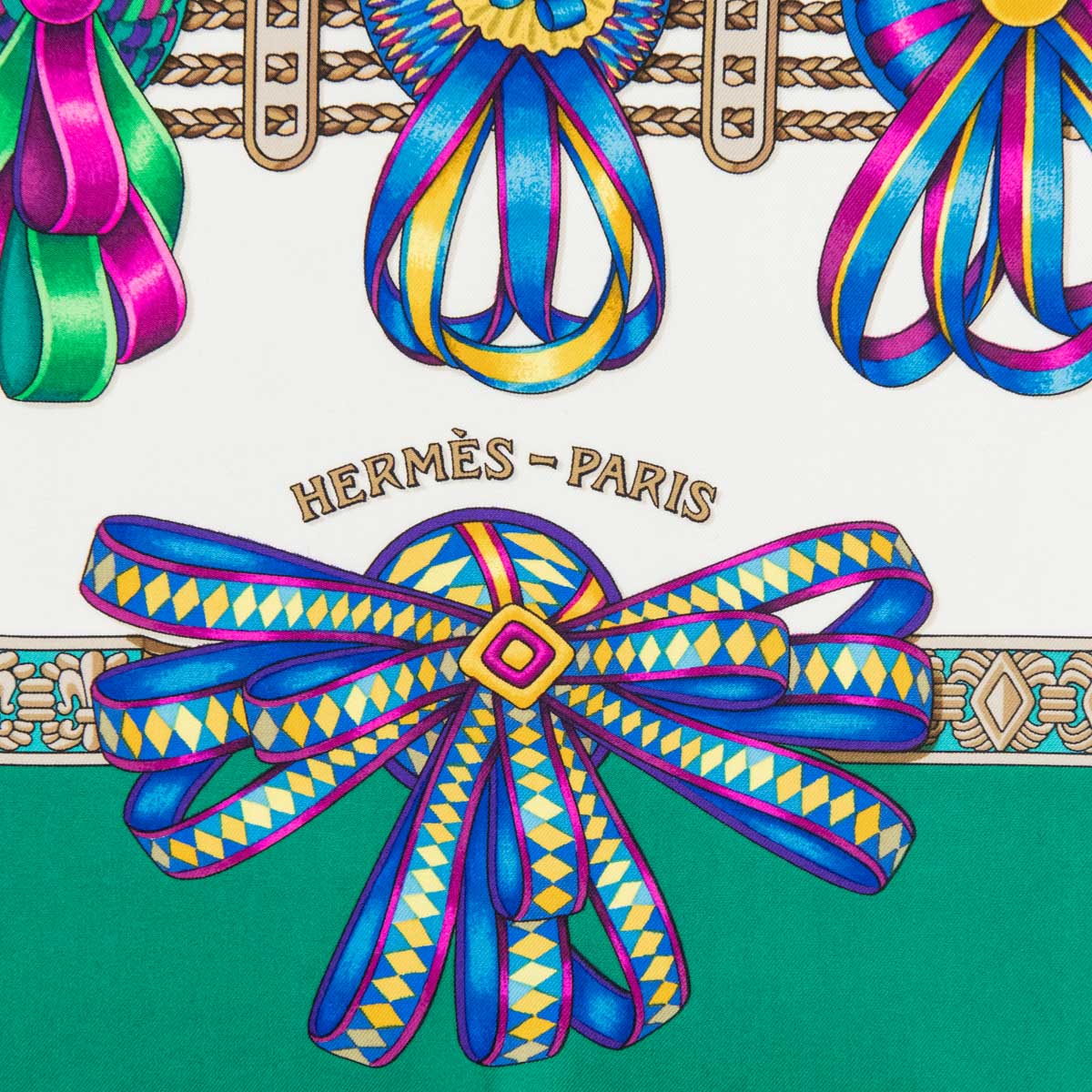 Hermes Green & Multicolor Silk Les Rubans Du Cheval Scarf 90