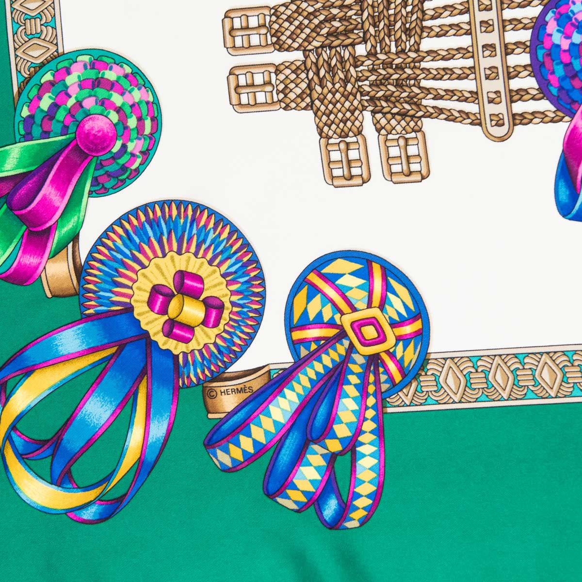 Hermes Green & Multicolor Silk Les Rubans Du Cheval Scarf 90