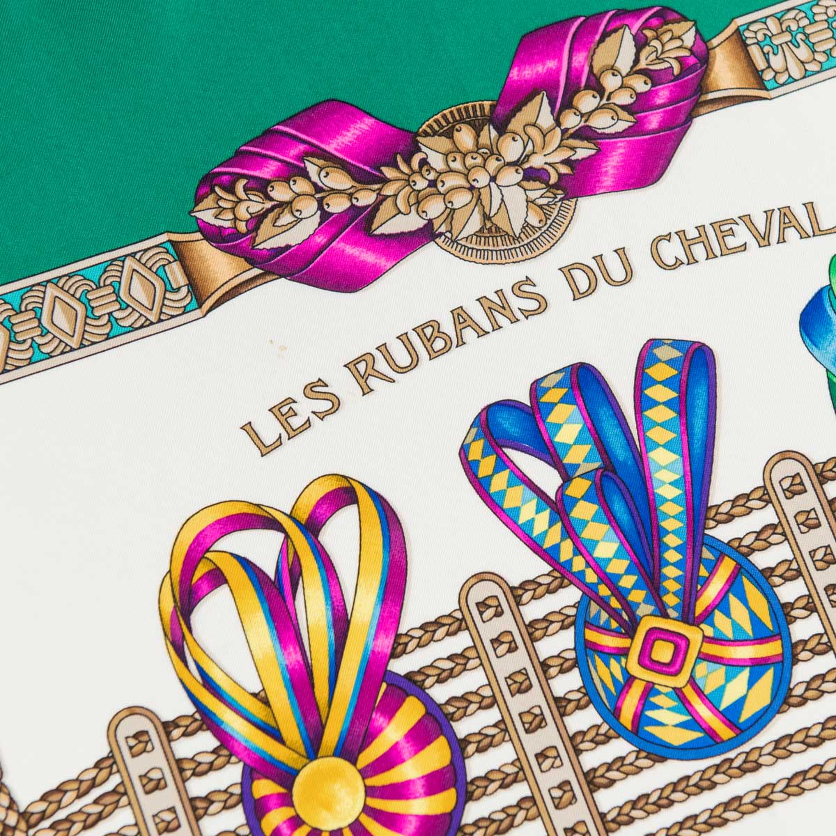 Hermes Green & Multicolor Silk Les Rubans Du Cheval Scarf 90
