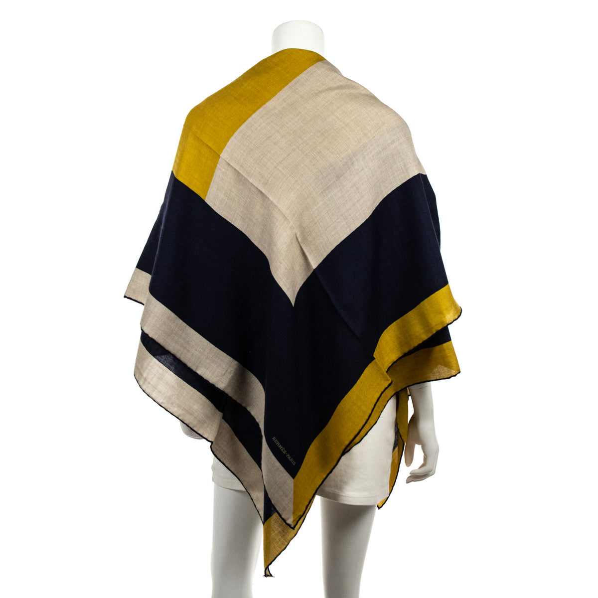 Hermes Navy, Yellow, & Beige H Au Carre Carre Geant Shawl 140 - Love that Bag etc - Preowned Authentic Designer Handbags & Preloved Fashions
