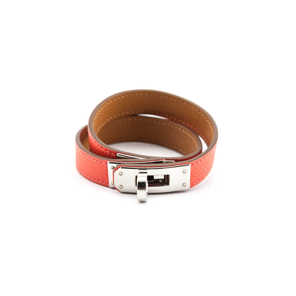 Hermes Paille Swift Leather Palladium Plated Kelly Double Tour Bracelet Size S