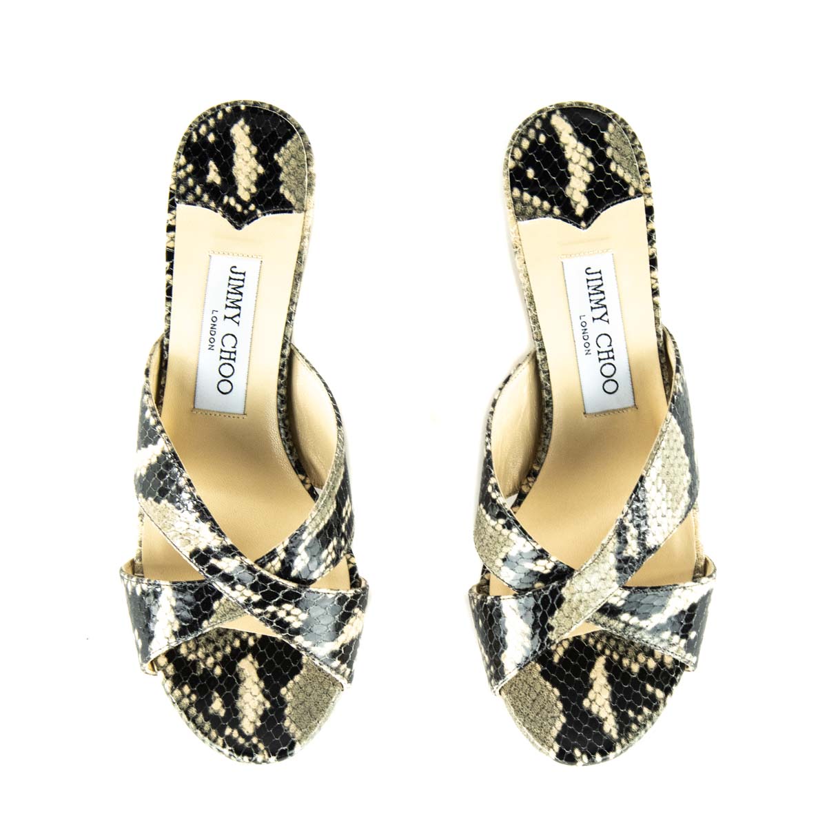 Jimmy Choo Beige & Brown Leather Almer Snake Print Wedge Slides Size 7.5 | EU 37.5 - Love that Bag etc - Preowned Authentic Designer Handbags & Preloved Fashions