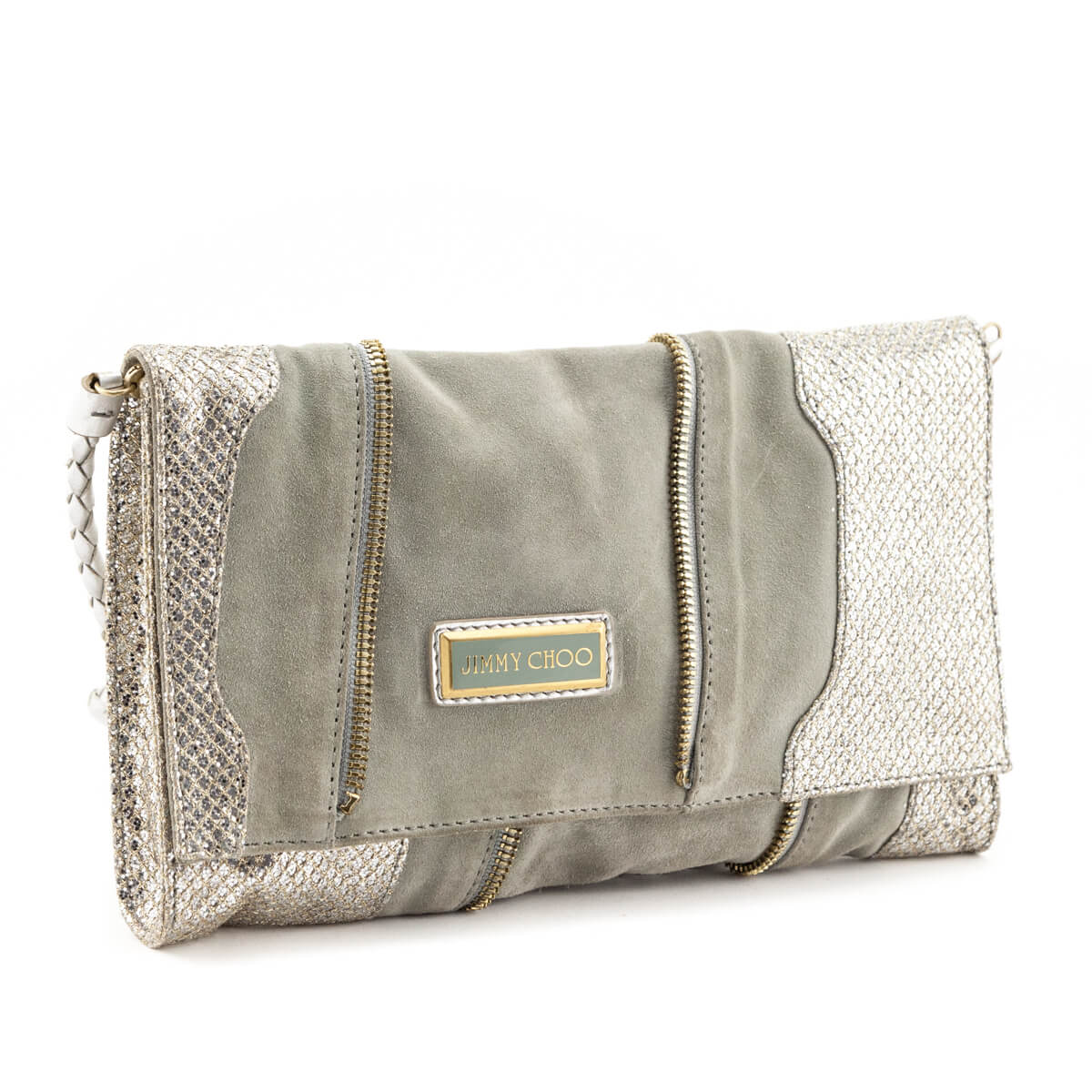 Jimmy Choo Gray Suede & Silver Glitter Zip Embellished Convertible Clutch - Love that Bag etc - Preowned Authentic Designer Handbags & Preloved Fashions