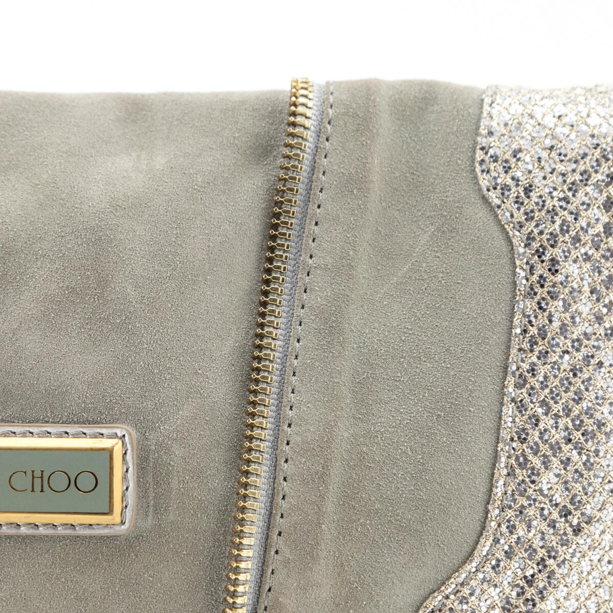 Jimmy Choo Gray Suede & Silver Glitter Zip Embellished Convertible Clutch - Love that Bag etc - Preowned Authentic Designer Handbags & Preloved Fashions