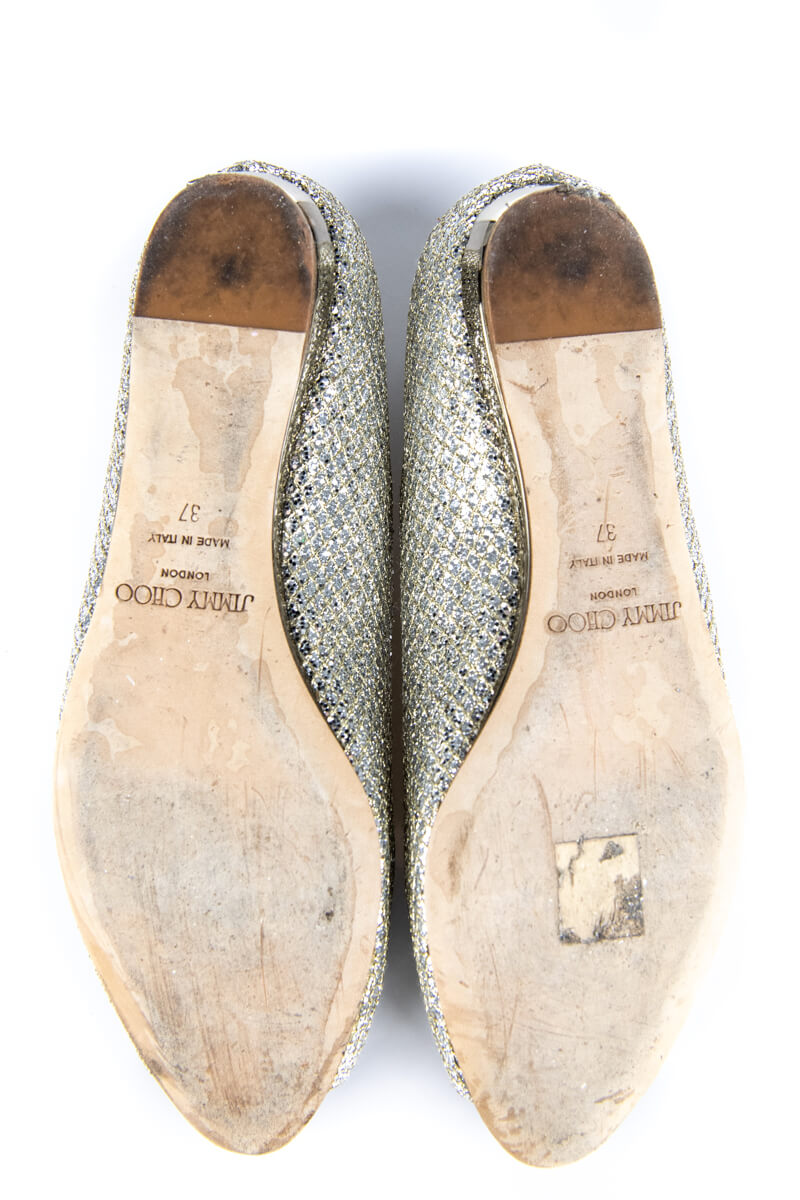 Jimmy Choo Silver & Gold Glitter Peep Toe Ballet Flats Size US 7 | IT 37 - Love that Bag etc - Preowned Authentic Designer Handbags & Preloved Fashions