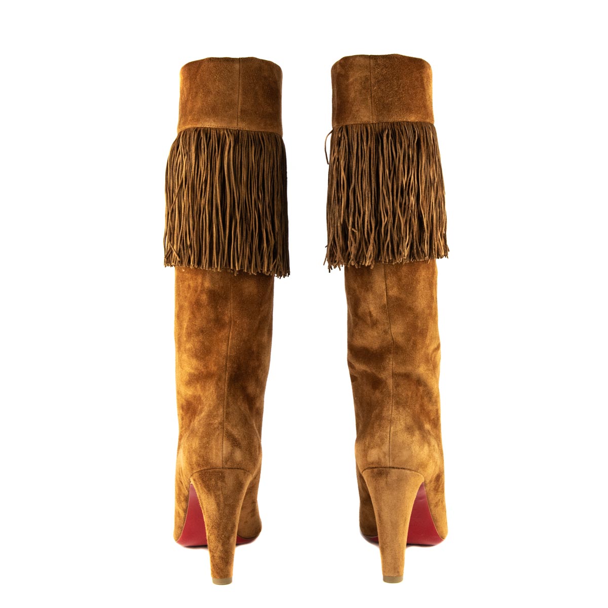 Christian Louboutin Tan Veau Velours Majung 85 Fringe Knee High Boots Size 12 | EU 42 - Love that Bag etc - Preowned Authentic Designer Handbags & Preloved Fashions