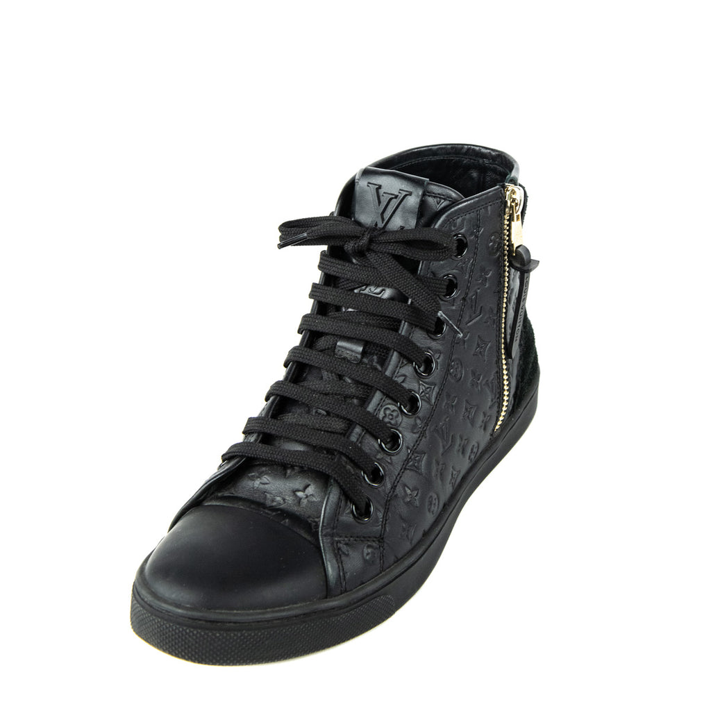 Louis Vuitton high sneakers black leather rivets LV logo 6 US 36