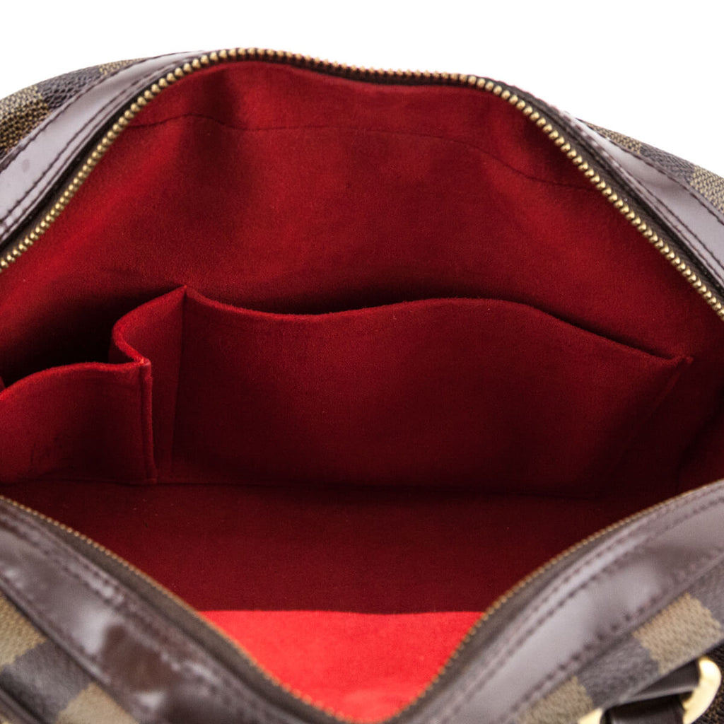 LOUIS VUITTON DAMIER EBENE CANVAS DUOMO BOWLING BAG, top zip closure,  padlock with keys, red alcantara interior with pocket, 32cm x 20cm H x 16cm.