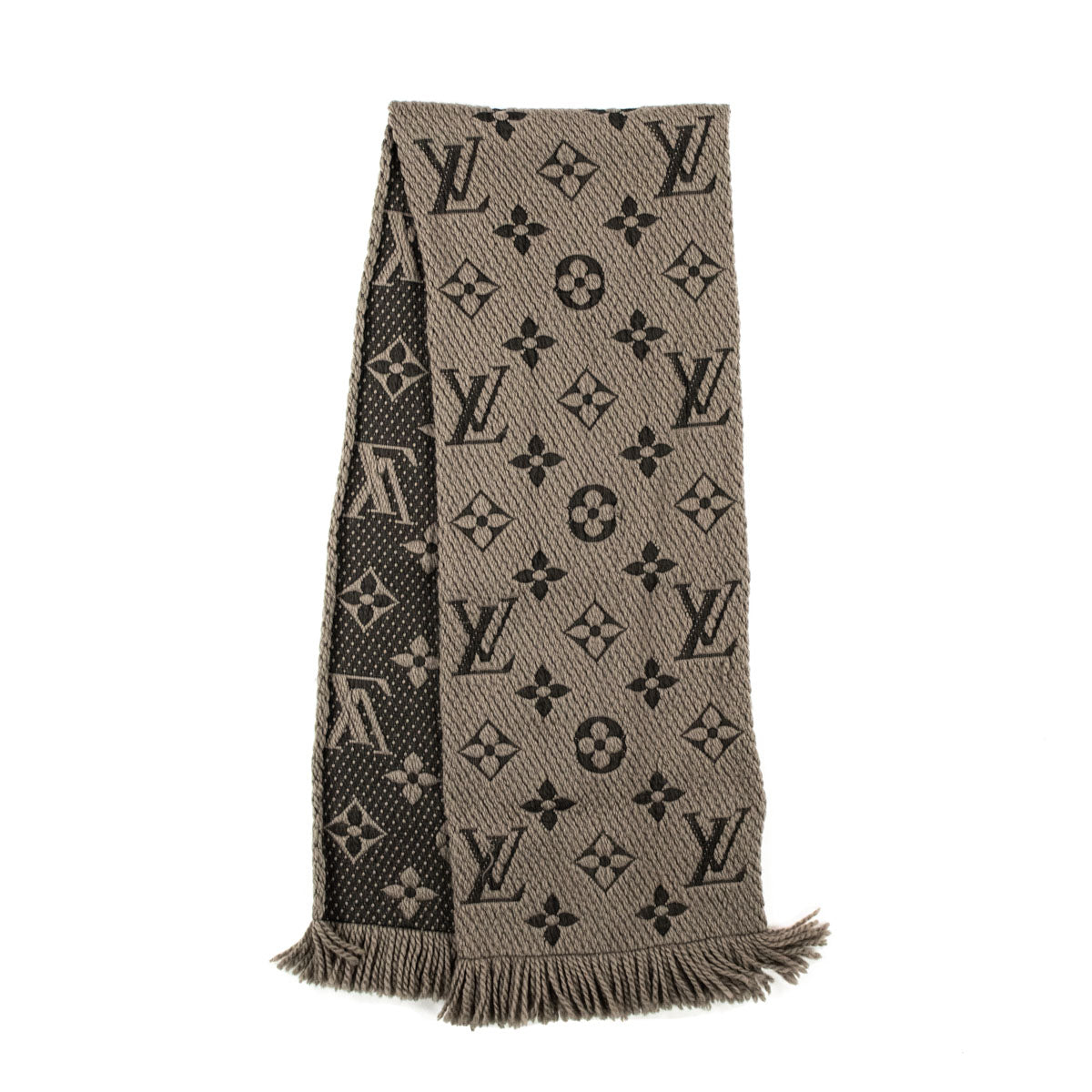 Tage med Rend Niende Louis Vuitton Taupe Wool Logomania Fringed Scarf - Preowned LV Scarves