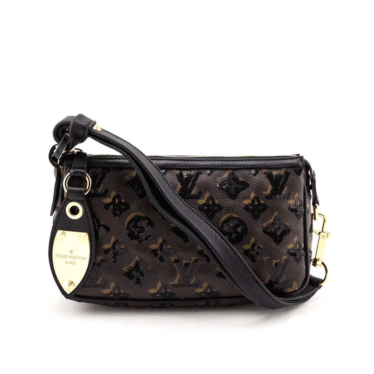 Louis Vuitton Sequin Monogram Bag. This tote features tall black leather  strap top handles and polished metal hardware including a gold toned plate  and zipper pull. Black sequins mimic the original LV