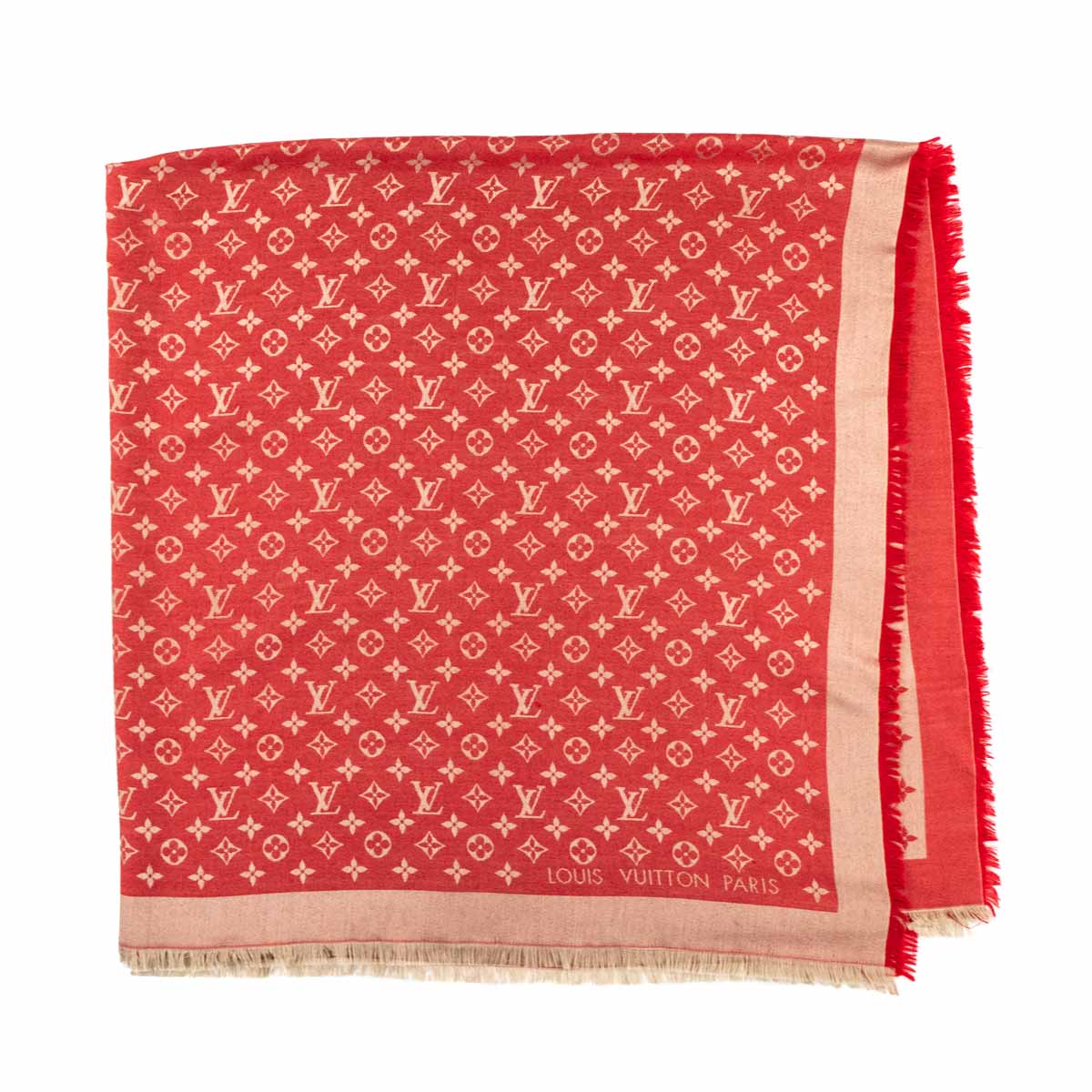 Louis Vuitton Red & Beige Silk Monogram Shawl