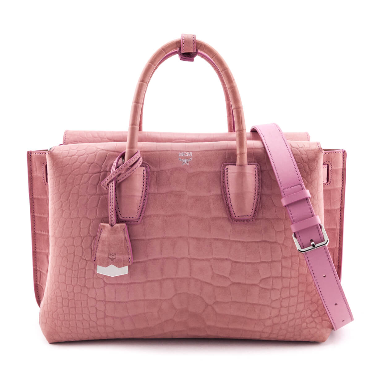 MCM Pink Calfskin Crocodile Embossed Medium Milla Tote - Designer Bags