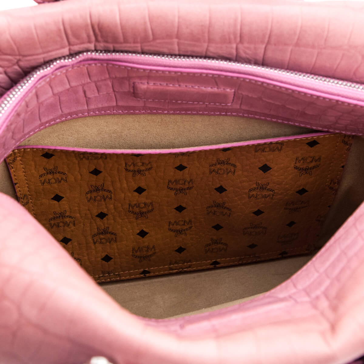 MCM Pink Calfskin Crocodile Embossed Medium Milla Tote - Designer Bags