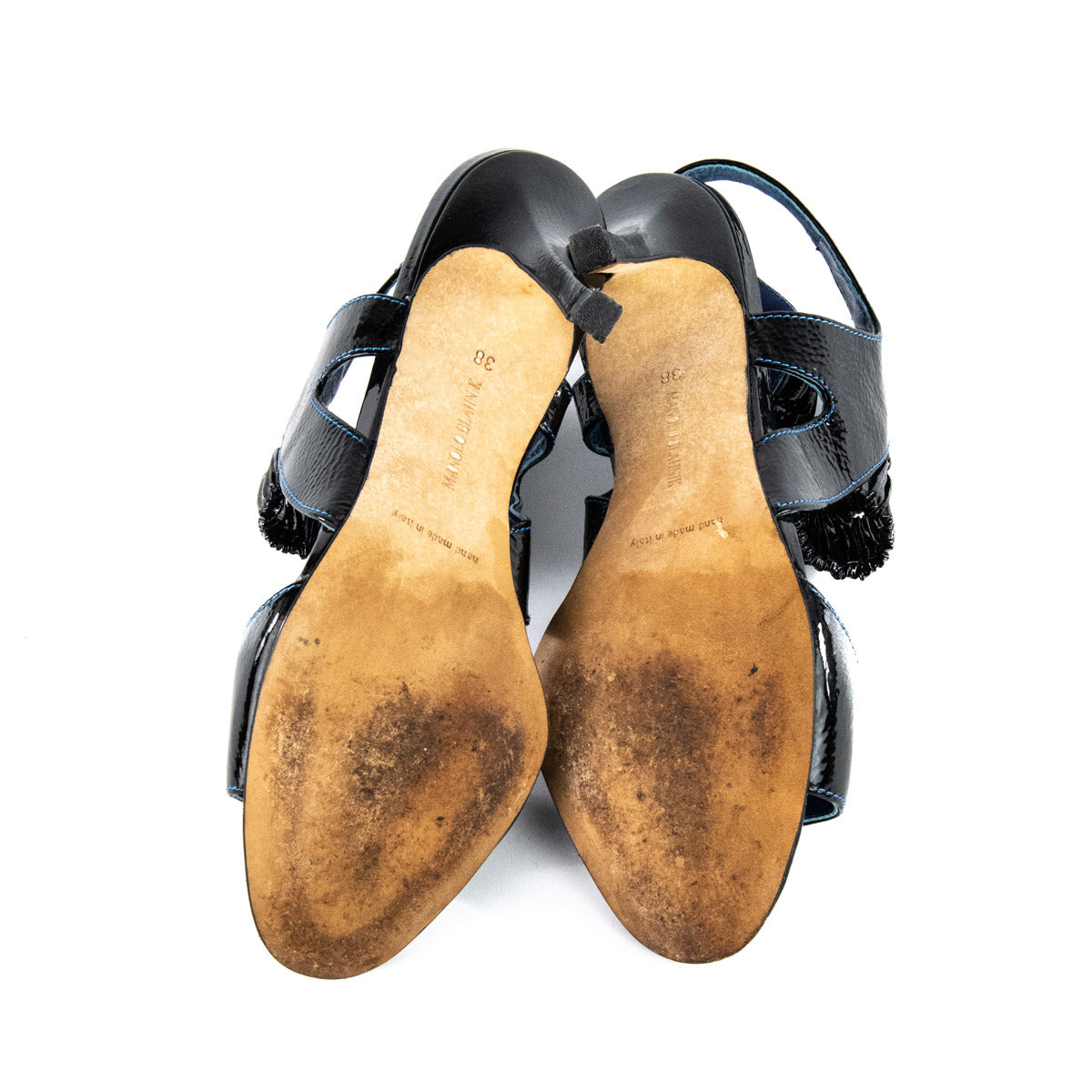 Manolo Blahnik Black Crinkled Patent Slingback Sandals Size US 8 | EU 38 - Love that Bag etc - Preowned Authentic Designer Handbags & Preloved Fashions