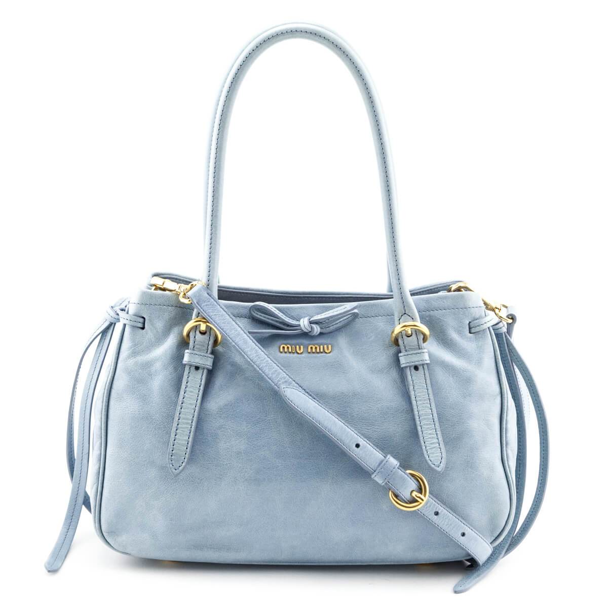 Miu Miu Blue Vitello Lux Bow Satchel Leather Pony-style calfskin ref.288687  - Joli Closet