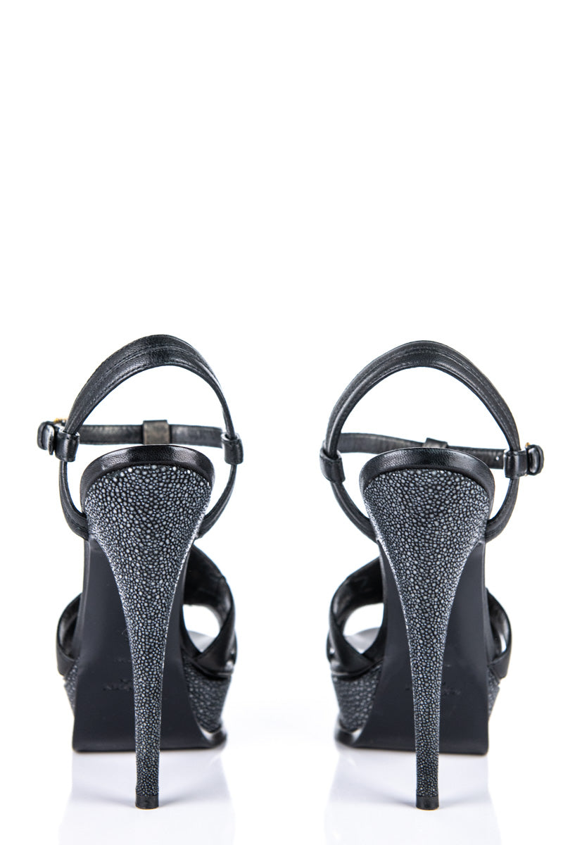 Saint Laurent Black Leather and Stingray Platform Sandals Size US 8 | EU 38 - Love that Bag etc - Preowned Authentic Designer Handbags & Preloved Fashions