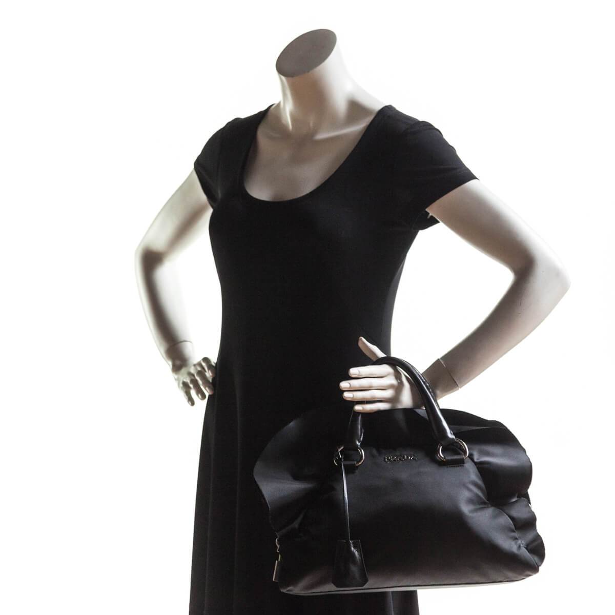 Prada Prada Ruffle Bauletto Black Nylon Hand Bag